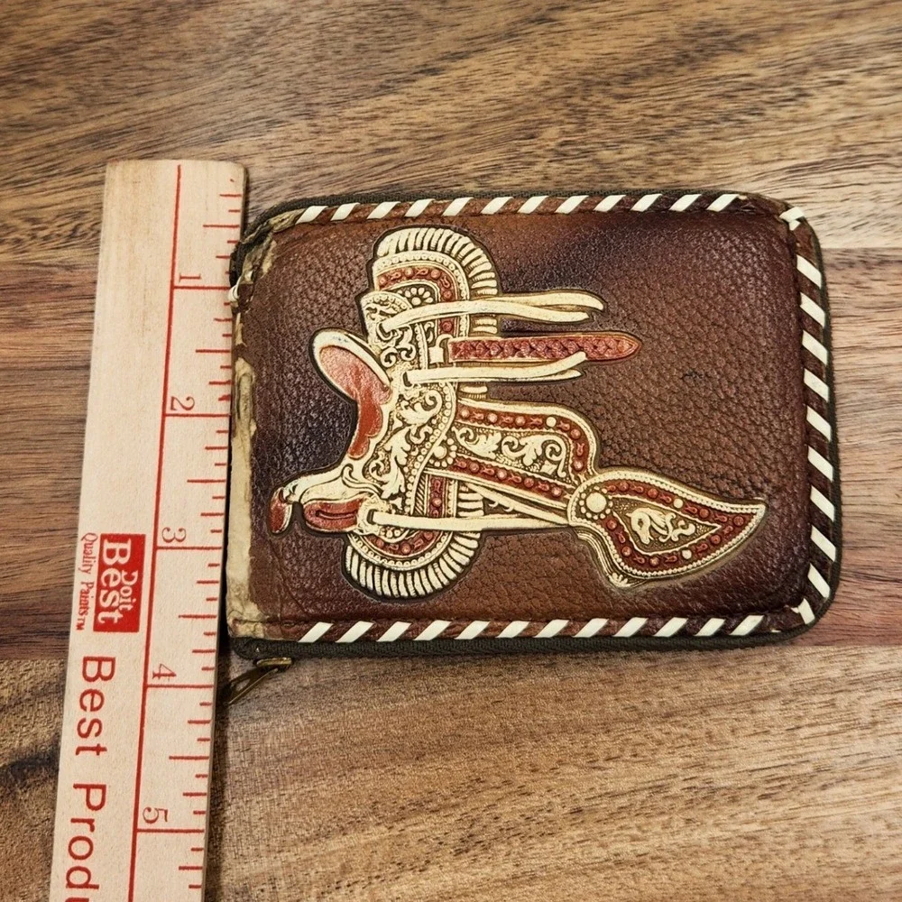 Vintage Tooled Leather Western Wallet Saddle Cowboy Boots Whipstitch Zip Brown